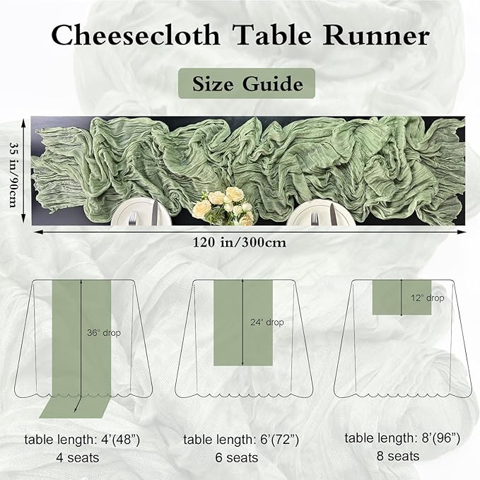 Booque Valley 3 Pack Sage Green Cheesecloth Table Runner 10ft Super Soft Boho Wrinkled Gauze Sheer Cloth for Baby Shower Baptism Birthday Party Wedding Centerpiece Table Decoration, 35x120 Inch