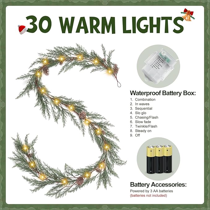 Artgar Pine Garland Realistic, 6 FT Cedar Garlands, Christmas Garland with 30 Warm Lights with 8 Light Modes, Garland Christmas Decorations for Mantels Stair Table Decor (White-Green)