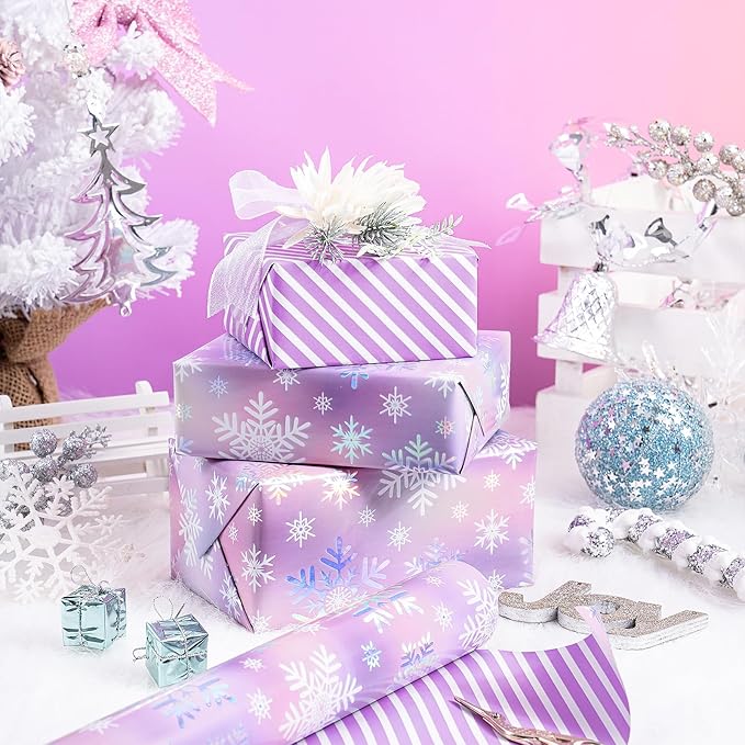 RUSPEPA 30" X 32.8' Reversible Christmas Wrapping Large Paper Roll, Jumbo Roll, Colorful Foil Pastel Snowflake Design and Purple Stripes Dreamy Gift Wrap for Girls, Women, Family, Xmas Holiday Gifts