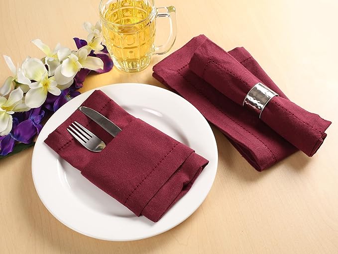 Palisa Cloth Dinner Napkins with Hemstitched Detailing & Mitered Corners Set of 12 (18x18 Inches) Burgundy - Cotton Reusable Dinner Napkins - Perfect for Weddings & Everyday Use