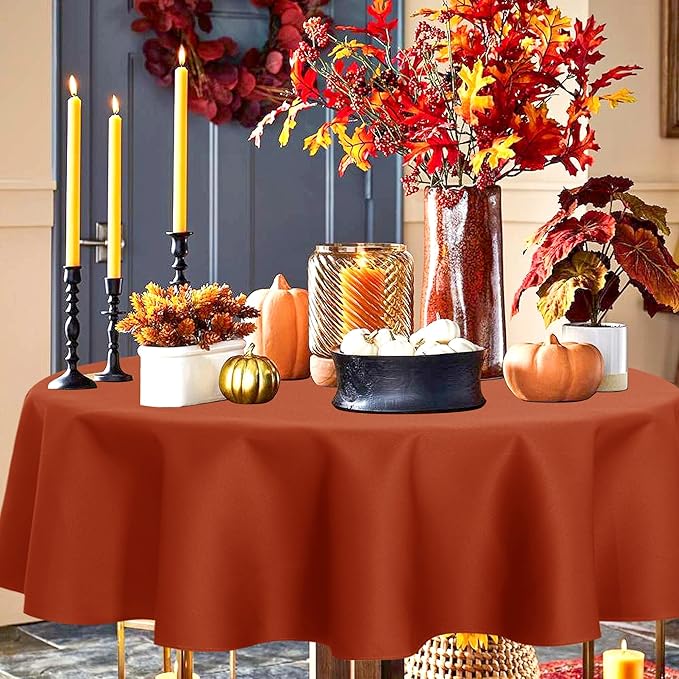 sancua Thanksging Round Tablecloth 70 Inch(Fits 20-58 Inch Tables) Burnt Orange - Water Resistant Spill Proof Washable Polyester Fall Table Cloth Decorative Fabric Table Cover for Dining Parties, Rust