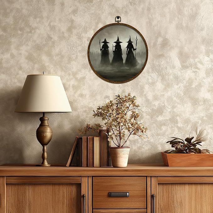 Funny Halloween Witchs Round Wall Art,Gothic Canvas Wall Hanging Decor, Spooky Farmhouse Vintage Round Wall Art for Bedroom Living Room Entryway, Rustic Witch Gothic Wall Decor,Gift for Halloween (Dark-witch)