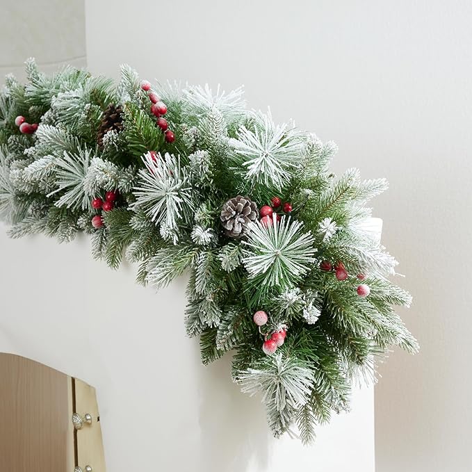9ft Artificial Christmas Snow Garland with 50 Clear Lights, Pulg in, Pine Cone, Red Berry Battery Powered String Light for Outdoor Indoor, Home Decoration Mantle Stairs Railing Fireplace Door