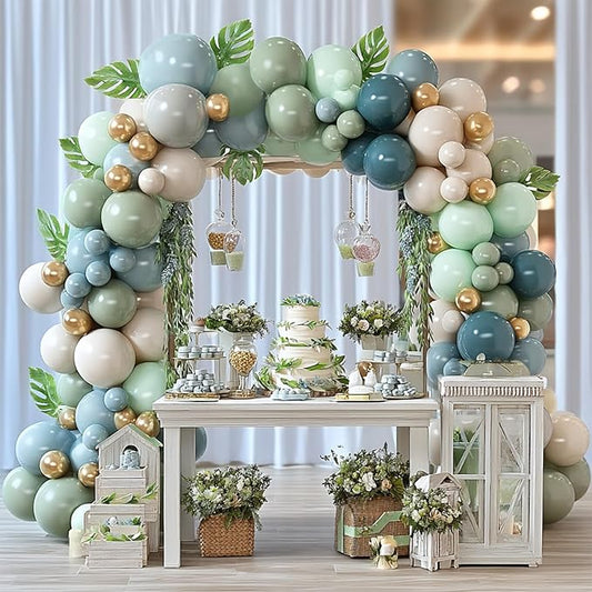 Sage Green Dust Blue Balloon Arch Kit Double Fill Olive Green White Sand Beige Gold Balloons Garland for Jungle Safari Birthday Baby Shower Wedding Party Decorations