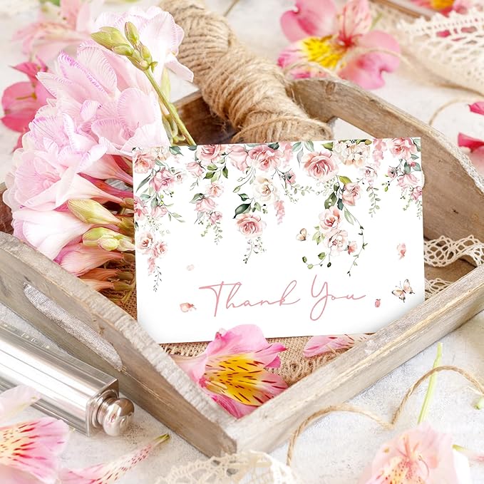 Whaline 50 Pack Pink Flower Thank You Cards Floral Thank You Greeting Note Cards Boxed with Envelope Sticker for Wedding Bridal Shower Birthday Baby Shower