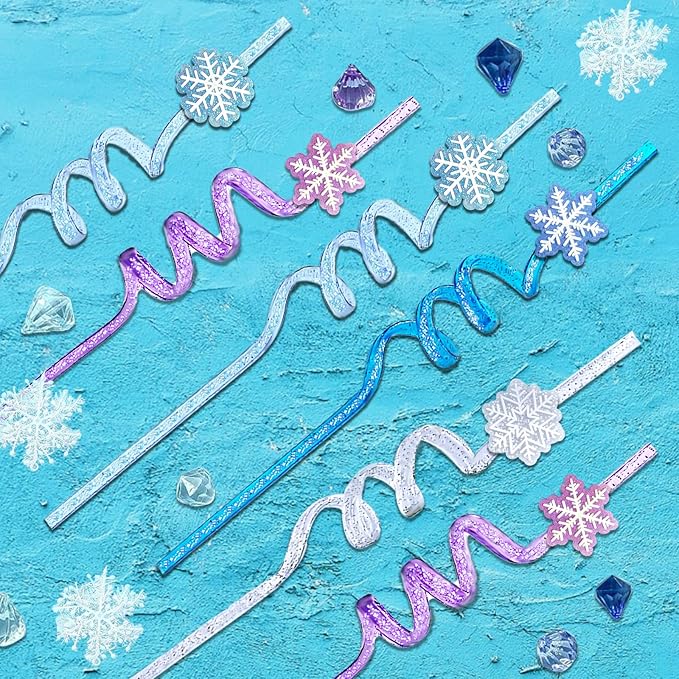 24Pcs Glitter Reusable Frozen Plastic Straws Drinking Straws, 4 Snowflake Shape & 4 Colors, Frozen Party Decoration Birthday Party Supplies