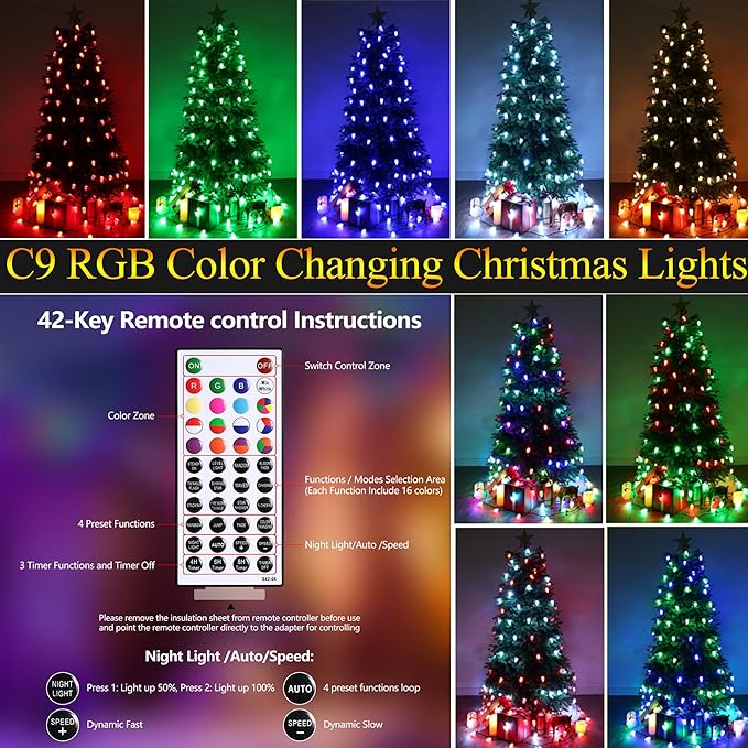 Joomer Christmas String Lights, 129FT 198 LED C9 Color Changing RGB Xmas Tree Lights Remote Control Outdoor Waterproof for Christmas Decor (Non-Connectable)