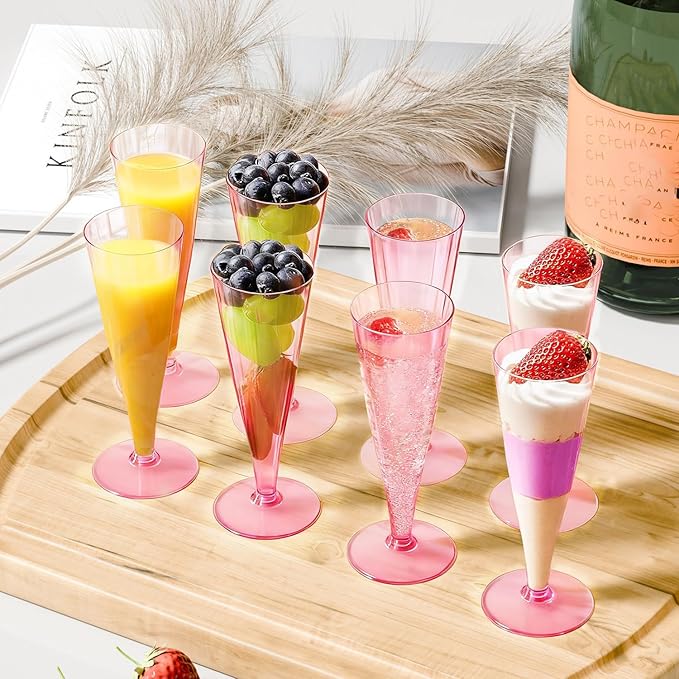 40 Pack Pink Plastic Champagne Flutes Disposable Champagne Glasses, 4.5 Oz Clear Mimosa Glasses Bulk Cocktail Toasting Cups for Party Supplies Wedding Bride Bar, Copas De Plastico Para Brindis