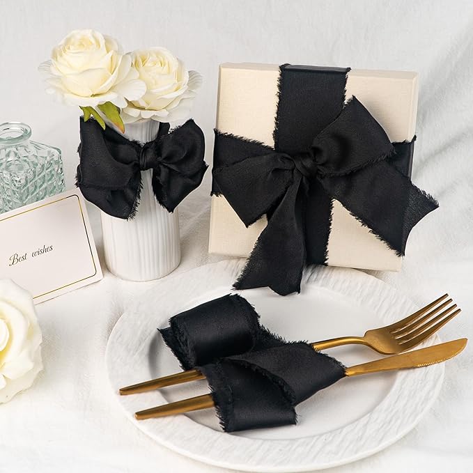 Satin Silk Ribbon, Black Ribbon for Wrapping, 1-1/2 inch x 15 Yd Handmade Frayed Fringe Ribbon, for Wedding Engagement Birthday Showers Crafts Flower Bouquet Invitation Decor, 3 Rolls