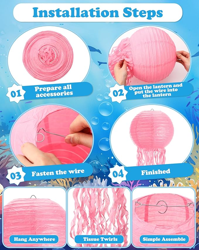 18 Pcs Jellyfish Paper Lanterns Jellyfish Lantern Hanging Decoration Ocean Theme Party Supplies Mermaid Birthday Decorations for Baby Shower Under The Sea Birthday Party Supplies(Fresh Color)