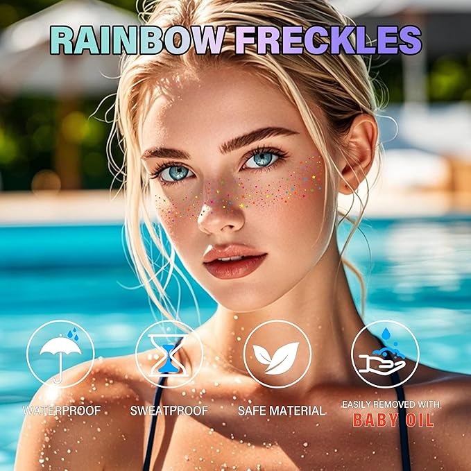 10 Pcs Colorful Glitter Freckles Face Tattoos, Multichrome Rainbow Glitter Freckles Face Tattoos, Waterproof and Long-lasting Face Temporary Tattoos for Women