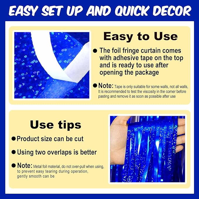 6 Pack Blue Foil Fringe Curtains Backdrop, 3.28 x 8.2 Ft Metallic Streamers Tinsel Curtains Background for Photo Booth, Birthday, Christmas, Halloween, Thanksgiving, New Year Party Decorations