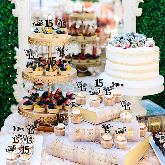 30PCS Happy 15th Birthday Cupcake Toppers Glitter Fifteen Mis Quince Hello 15 Cupcake Picks Cheers to 15 Birthday Decorations for 15th Birthday Anniversary Party Cake Decoration Supplies Black
