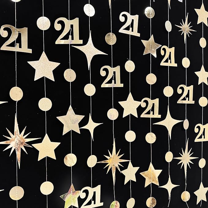 Champagne Gold 21st Birthday Decorations Number 21 Circle Dot Star Garland Metallic Streamer Banner Backdrop for Girls Boys Cheers to 21 Years Finally Legal Bday Happy 21st Anniversary Party Supplies