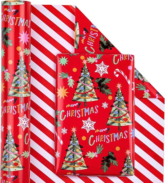 WRAPAHOLIC Reversible Christmas Wrapping Paper - Mini Roll - 17 Inch x 33 Feet - Red Christmas Tree Wrapping Paper and Stripe Design for Holiday, Party Celebration