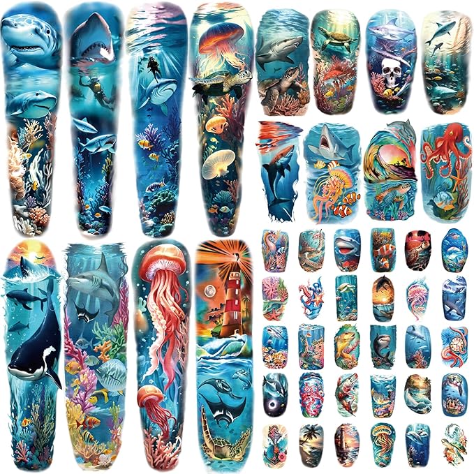 46 Temporary Tattoo for Men Women, 8 Full Arm Shark Dolphin Fake Tattoos, 8 Half Arm Ocean Fish Fake Tattoos, 30 Tiny for Adults Kids Body Tattoos Stickers Waterproof Realistic