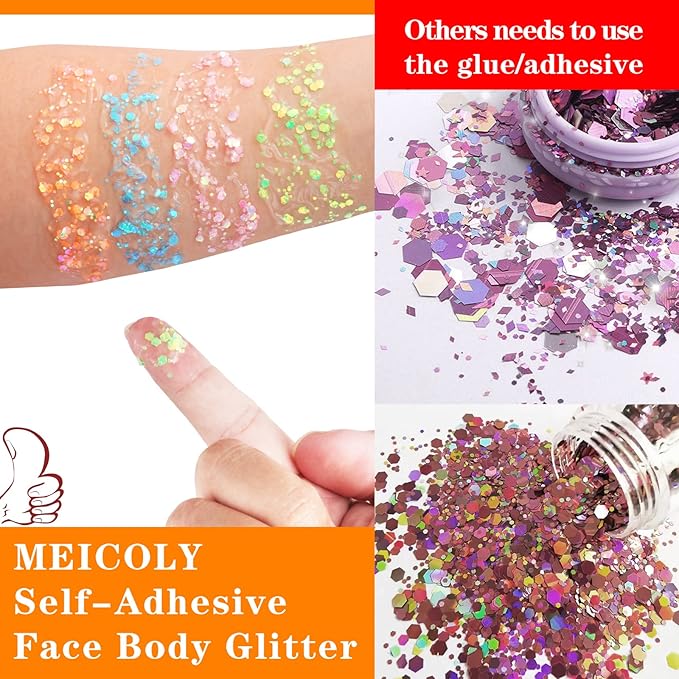 MEICOLY Glow in The Dark Body Face Glitter Gel,Luminous Halloween Sequins Chunky Glitter, Self-Adhesive Neon UV Blacklight Glitter for Body Face Hair Festival Sparkling Body Glitter for Women,Blue