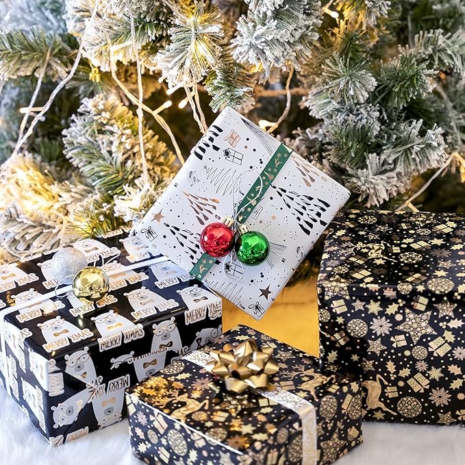 MAYPLUSS Christmas Wrapping Paper Roll - Mini Roll - 17 inch X 120 inch Per roll - 3 Different Black Gold Bear Design (42.3 sq.ft.ttl)