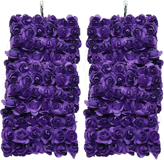 144pcs Mulberry Paper Mini Roses Artificial Flowers Heads with Stems for DIY Crafts Accessories Make Bridal Hair Clips Headbands Wedding Bridal Bouquets Party Home Decor Valentine's (Dark Purple)