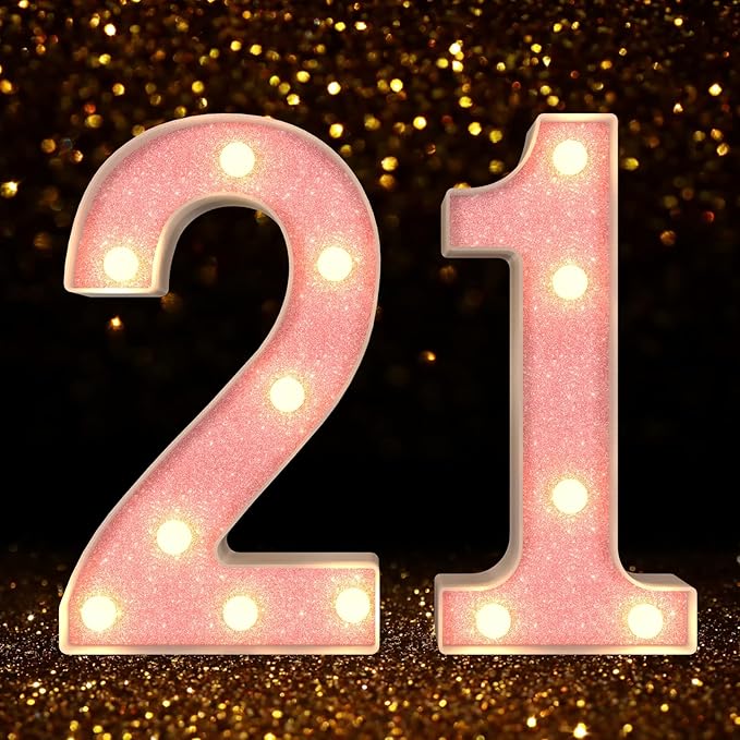 Marquee Numbers Light up LED, Pink Glitter Plastic for 21st Birthday, Graduation, Wedding, Birthday (Number 21)
