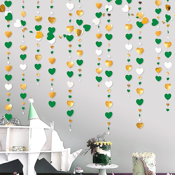 Valentines Day Party Decorations Green Gold and White Love Heart Garland Hanging Streamer Banner for Spring Summer Anniversary Engagement Wedding Bridal Baby Shower Birthday Mothers Day Party Supplies