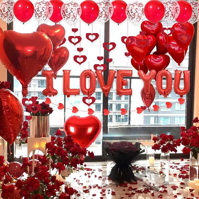 Valentine's Day Decorations 2 Set Red I LOVE YOU Balloons - 1200pcs Red Artificial Rose Petals 16" Letter Balloons 18" Heart Foil Balloons Latex balloons 10 heart balloons Hanging Swirls Heart Banner