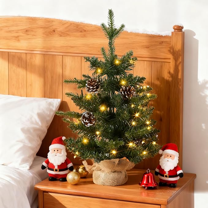 Joyhalo 2ft Small Christmas Tree with Lights Warm White, Pre Lit Table Top Christmas Tree, 61 Branches Mini Xmas Tree with Pine Cones for Room Office Classroom Decoration