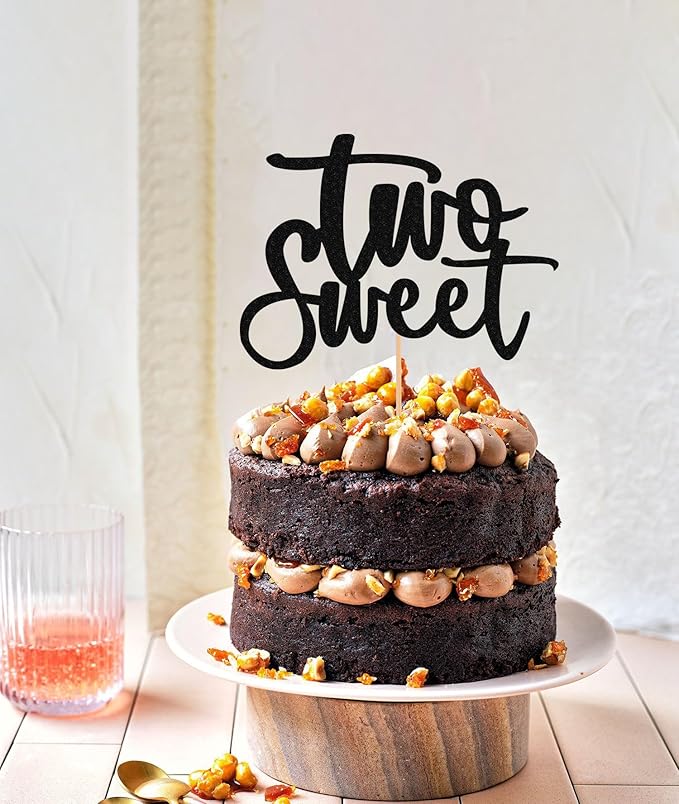 Two Sweet Cake Topper - Glitter Black 2nd Birthday Cake Decorations, Second Anniversary Cake Pick (Black)