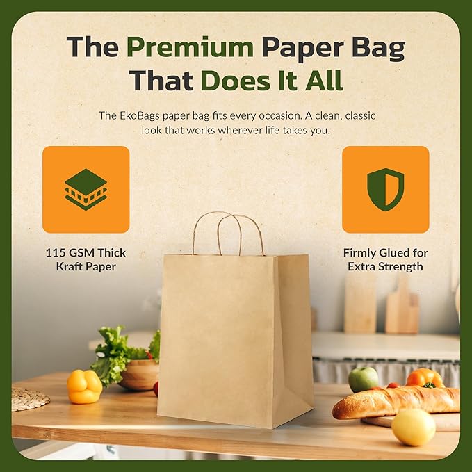 EKOBAGS Granvia | 10x7x12 inches | 50-Pack Kraft Paper Gift Bags with Handles | 115 GSM Brown Paper Bags for Small Business, Shopping & Party Favors | Recyclable | Holds up to 13.8L/8 lbs