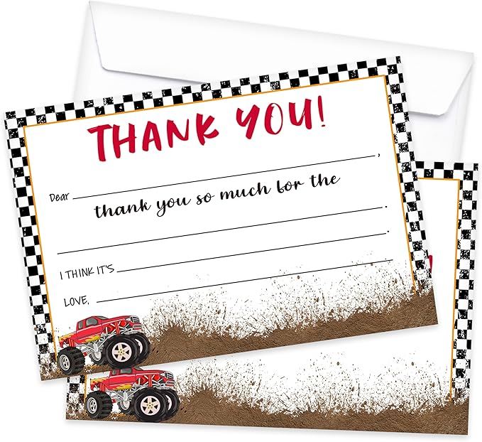 Kids Thank You Card, Truck Theme Thank You Notes, Racing Greeting Card With Envelope, Birthday Wedding Graduation Christmas Party Favors Supplies Decor(20 Pcs)-03