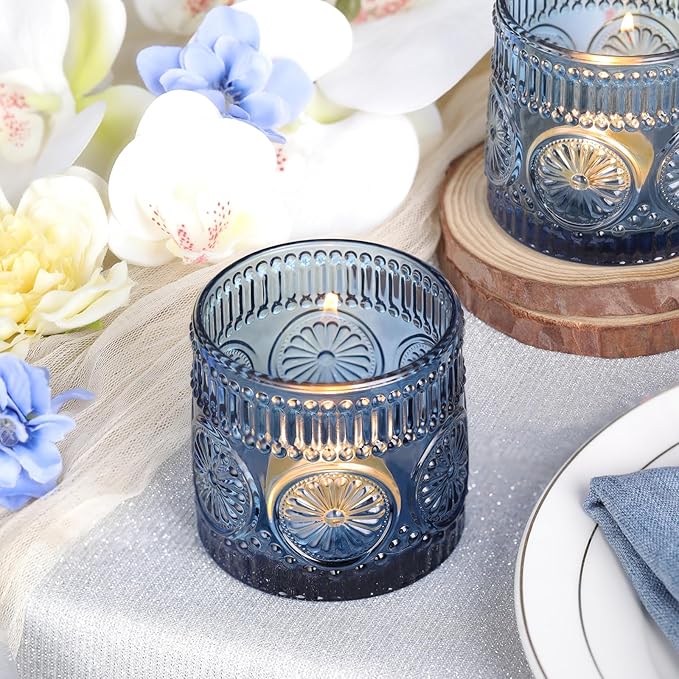 6Pcs Large Votive Candle Holders Blue Glass Tealight Candle Holders for Wedding, Table Centerpiece, Party, Birthday, Home Decor