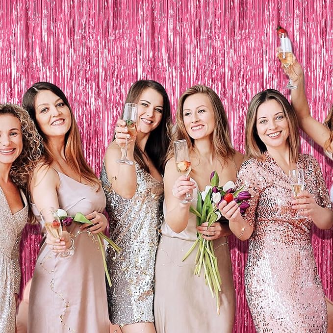 10 Pack Foil Curtain Backdrop Pink Metallic Tinsel Foil Fringe Curtains Photo Booth Props for Birthday Wedding Engagement Baby Shower Bachelorette Christmas Holiday Celebration Party