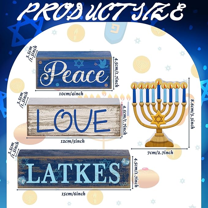 4 Pcs Hanukkah Decorations for Home Chanukah Table Decor Wooden Menorah Decoration Hanukkah Centerpiece Rustic Menorah Block Signs Jewish New Year Decoration for Home Tiered Tray Decor