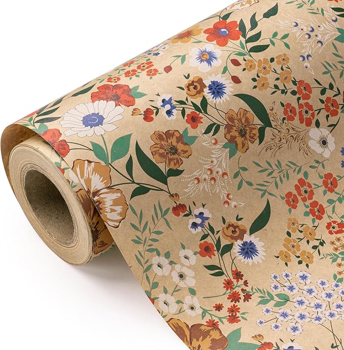 WRAPAHOLIC Kraft Floral Wrapping Paper Roll - Mini Roll - 17 Inch x 33 Feet - All Occasion Flower for Wedding Bridal Shower Birthday