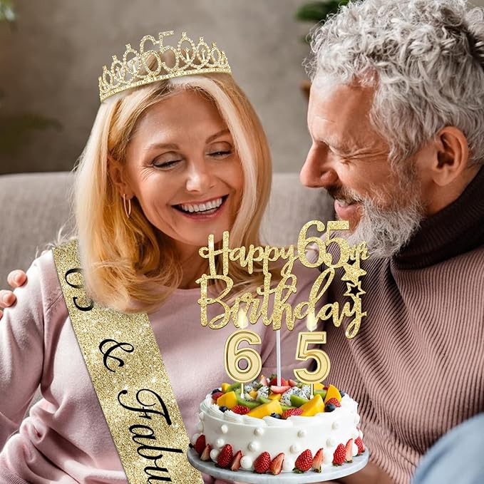 65th Birthday Decorations for Women with Tiara and Sash, Candles and Cake Topper, Number Balloons, 65th Birthday Gifts for Women