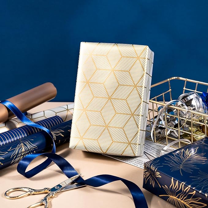 WRAPAHOLIC 30 Inch Navy Wrapping Paper - Jumbo Roll Gold and Navy Print with Cut Lines for Christmas, Birthday, Holiday, Father's Day, Baby Shower - 4 Rolls - 30 Inch x 120 Inch Per Roll