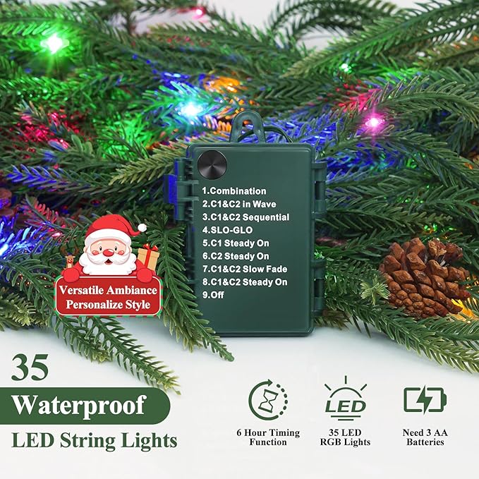 6FT Pre-lit Christmas Garland, Real Touch Lighted Norfolk Pine Garlands Battery Operated for Christmas Decorations with 35 LED RGB/WW String Lights, 8 Lighting Modes & Timer, 1 Pack