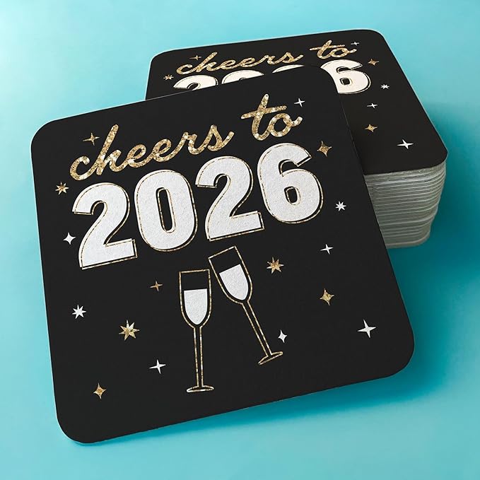 Big Dot of Happiness 25 Ct Hello New Year Drink Coasters, 4-Inch Disposable Square Paper Coasters for Cheers to 2026 Party Decoration, NYE Table Decor for Cocktail Drinks