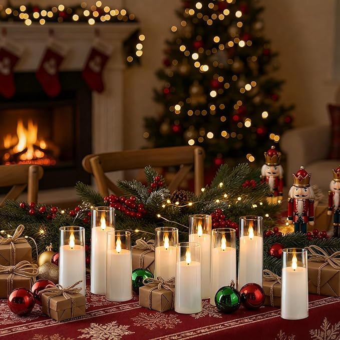 Amagic Pure White Flameless Candles, Battery Operated Candles, Acrylic Flickering LED Pillar Candles with Remote Control and Timer, 3D Wick, Yellow and Blue Glow, D2.2 xH5 6" 7", Set of 9