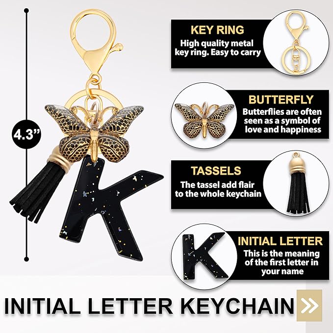 Initial Letter Keychain, Butterfly Keychain Cute Resin, Initial Keychain Backpack Charms, Key chain for Women, Girls