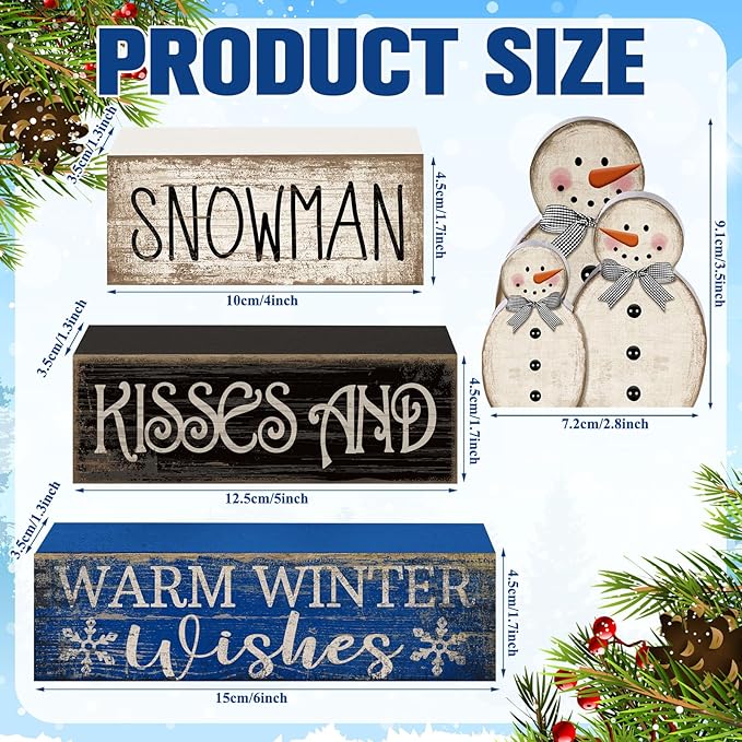 4 Pcs Christmas Table Decor Winter Snowman Wooden Table Decorations Rustic Signs Tiered Tray Decor Wood Farmhouse Vintage Ornaments Winter Christmas Gift for Kitchen Home Desk