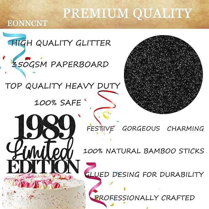 Limited EDITION 1989 Cake Topper - Black Glitter Happy 36th Birthday Party Cake Decoration Supplies, Cheer to 36 Years Cake Bunting Decor for 36th Birthday Party Photo Booth Props