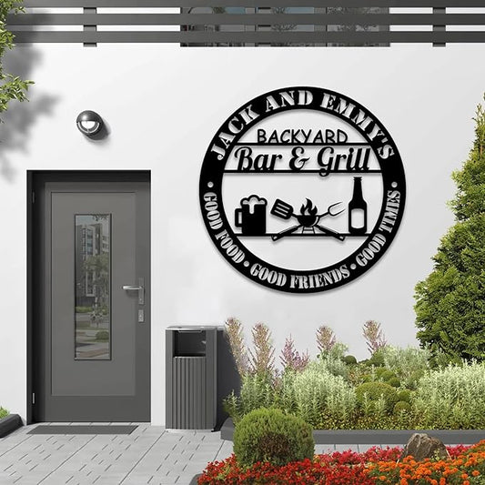 Custom Backyard Bar & Grill Metal Sign, Personalized Outdoor Kitchen Wall Art, Rustic BBQ Plaque with Good Food Good Friends Good Times Quote, Patio Barbecue Decor Gift for Dad Husband Family