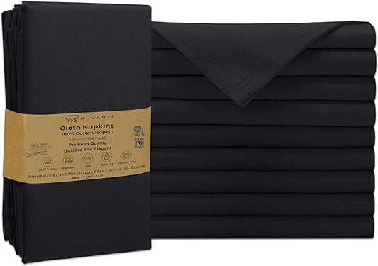 Ruvanti Premium Cloth Napkins Set of 12, 18x18 Inches, 100% Cotton, Washable, Soft & Absorbent, Perfect for Wedding, Christmas, Thanksgiving Dinners - Black Beauty