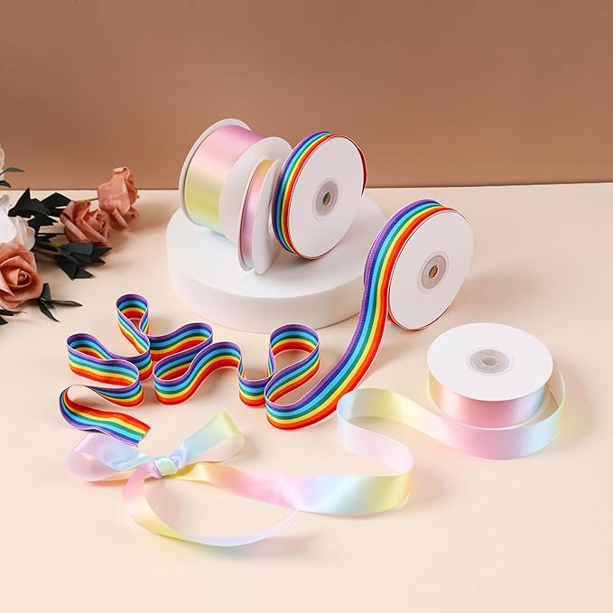 3/8 inch 25 Yards Light Rainbow Ribbon, Single Face Shiny Satin Roll, Ribbon for Gift Wrapping, Wedding Decor, Pride Birthday Party Decoration & DIY Crafts