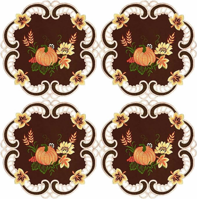 Simhomsen Embroidered Thanksgiving Harvest Pumpkins Brown Round Doily Placemats for Autumn or Fall Decorations (15 Inch Round Doily Set of 4)