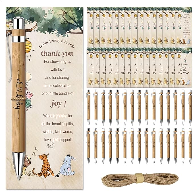 30 Pieces Baby Shower Gifts for Guests, Winnie Baby Shower Sets, Included Bamboo Pens Greeting Cards, Gender Reveal Souvenirs Prizes, Winnie Baby Shower Decor