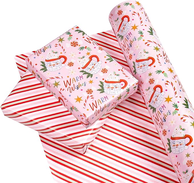 WRAPAHOLIC 30 Inch Jumbo Reversible Christmas Wrapping Paper - 30 Inch x 33 Feet - Santa Claus Cup and Stripe Wrapping Paper for Chrsitmas, Holiday, Party Celebration