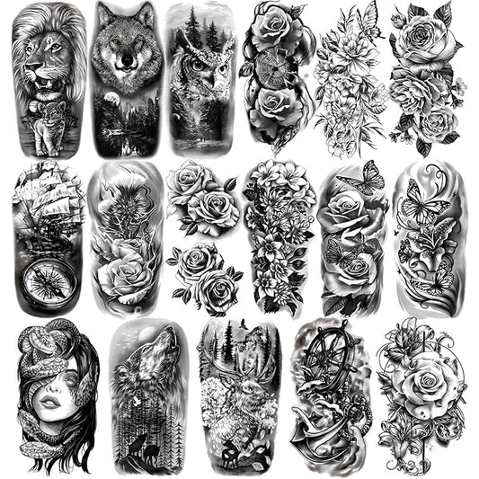 Yazhiji 77sheets Waterproof Temporary Tattoo for Girls or Boys Kids 17sheets Larger Half Arm Lion Wolf Owl Elk Snake Butterfly Rose Fake Tattoos for Men or Women And 60 sheets Tiny Tattoo Sticker