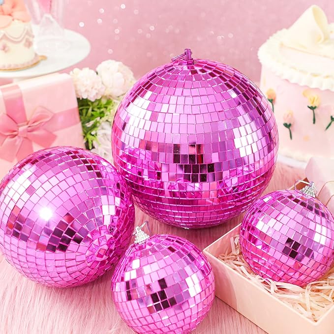 Nuenen 4 Pcs Large Pink Disco Ball Mirror Disco Ball 70s Mellow Hanging Disco Ball Stage Lightning Effect for 70s Theme Party Dj Props Wedding Birthday Decoration(8", 6", 4")